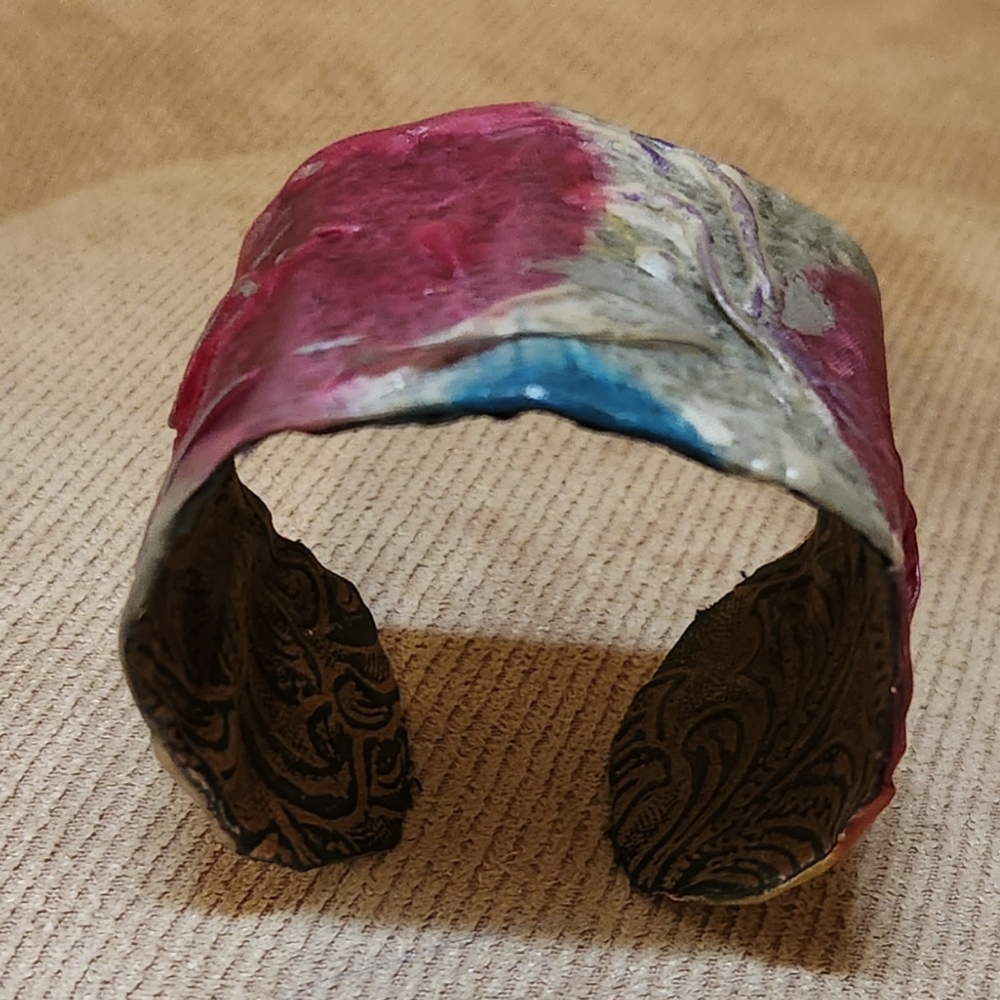 Artist designed leather  cuff bracelet in silver, pink and blue